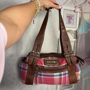 y2k plaid and brown leather shoulder bag purse